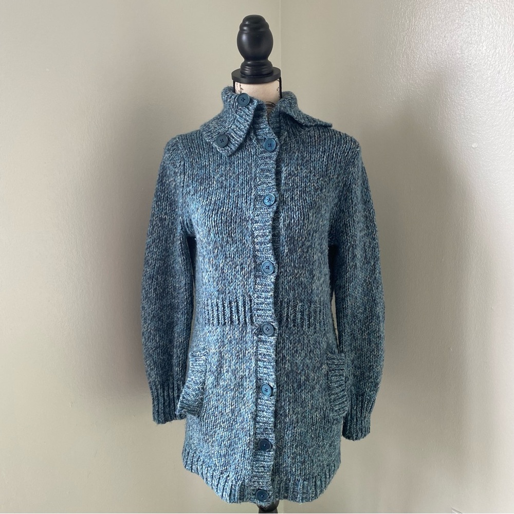 Talbots Women’s Teal Long Duster Button Front Wool Blend Sweater Marl Pockets